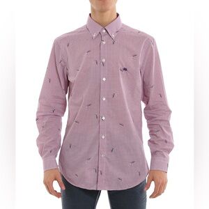 Men's Pink Checkered Shirt embroidered birds NWOT pink and white size 39/ small